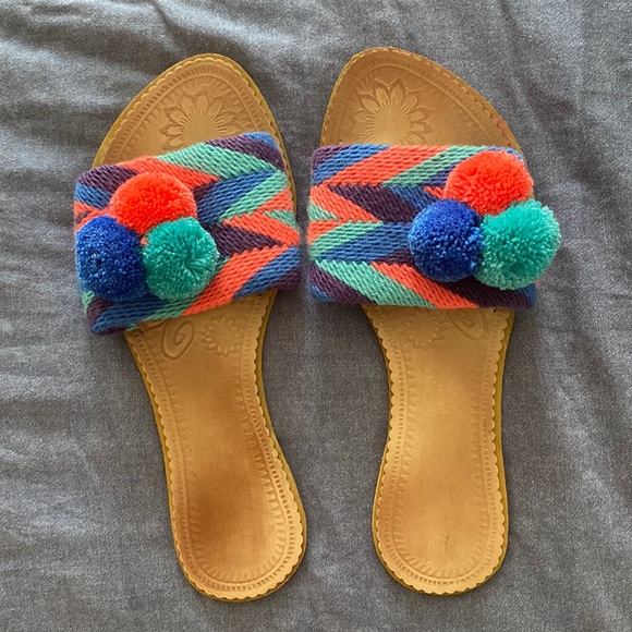 handmad Shoes - Pom pom handwoven summer slide flat sandals